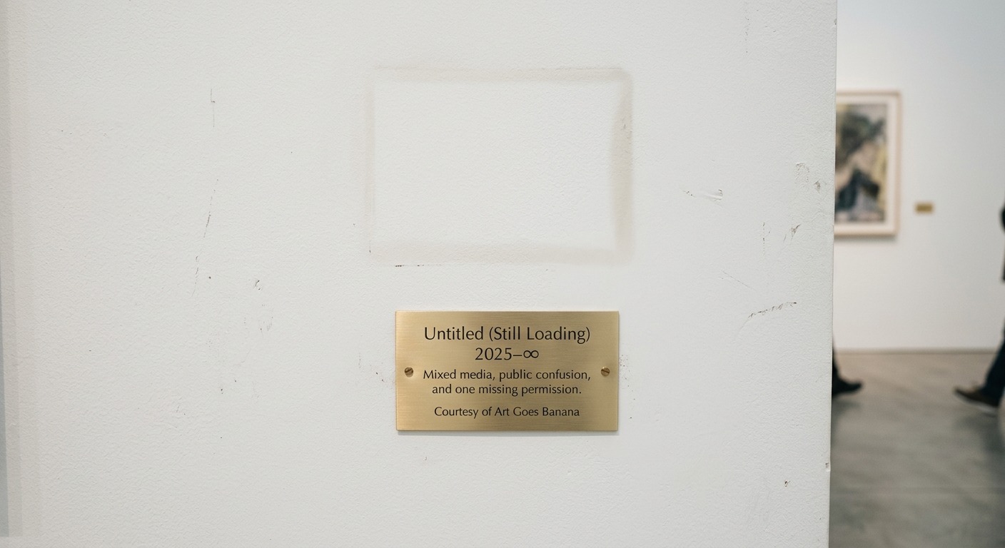 Untitled Still Loading Art Plaque. 
An empty space on a museum wall with a brass plaque below. Above the plaque is a faint rectangular mark from a removed painting. On the plaque is written: "Untitled (Still Loading) 2025-∞ Mixed media, public confusion, and one missing permission. Courtesy of Art Goes Banana". (Italian translation: Un'area vuota sulla parete di un museo con una targa di ottone sottostante. Sopra la targa c'è un leggero segno rettangolare di un dipinto rimosso. Sulla targa è scritto: "Untitled (Still Loading) 2025-∞ Mixed media, public confusion, and one missing permission. Courtesy of Art Goes Banana".)